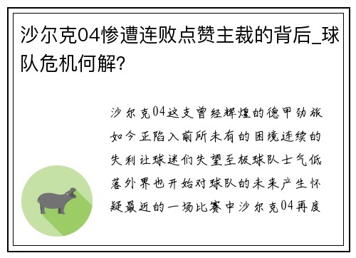 沙尔克04惨遭连败点赞主裁的背后_球队危机何解? 沙尔克04惨遭连败点赞主裁的背后_球队危机何解?