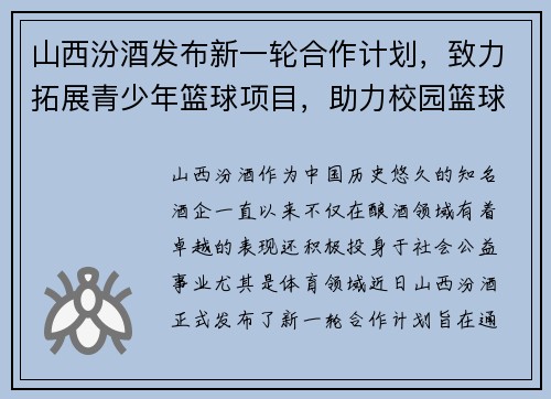 山西汾酒发布新一轮合作计划,致力拓展青少年篮球项目,助力校园篮球发展 山西汾酒发布新一轮合作计划,致力拓展青少年篮球项目,助力校园篮球发展